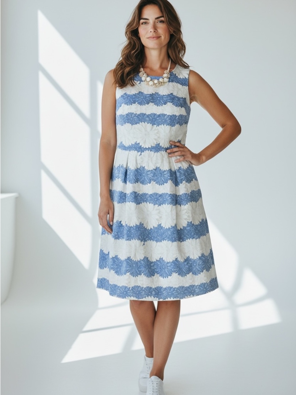 Talbots Blue and White Floral-Stripe Sleeveless Midi Dress